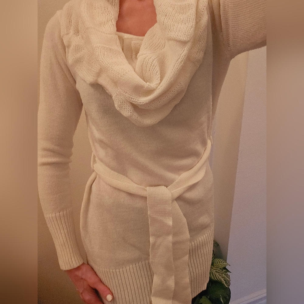 Elegant cream sweater dress / tunic with draped cowl neck and tie belt size M
